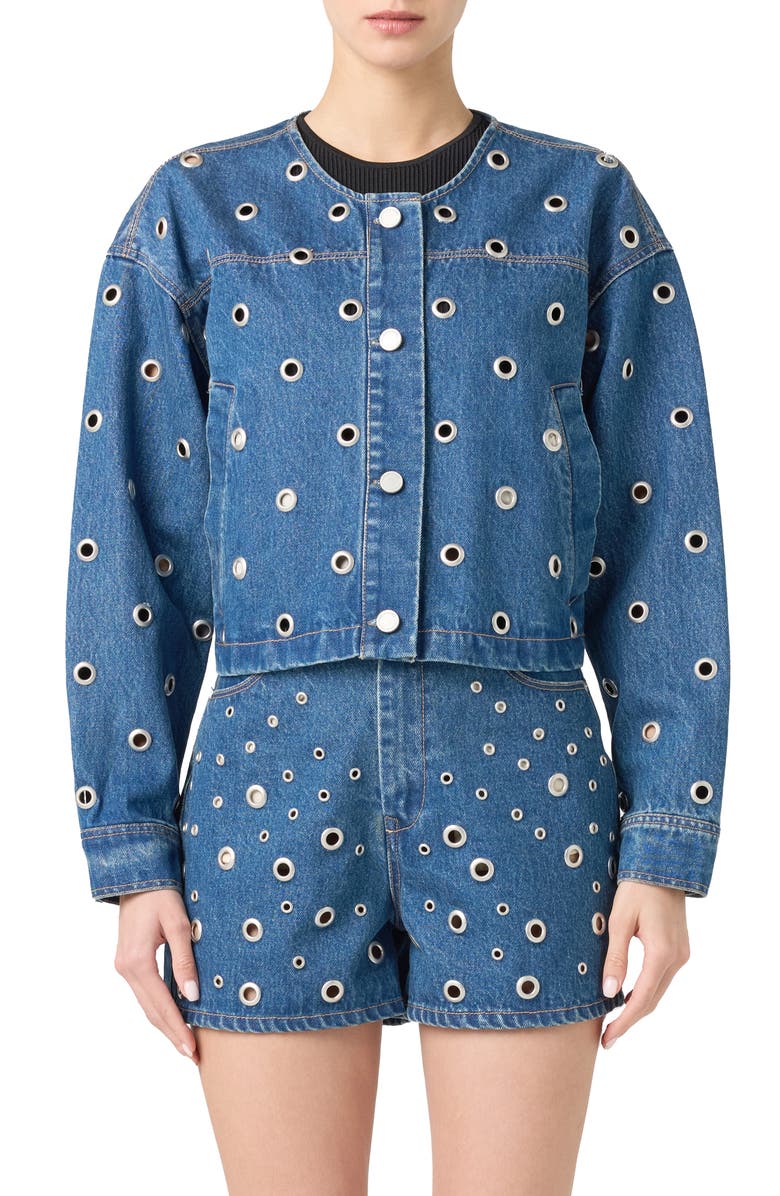 BLANKNYC Grommet Collarless Crop Denim Jacket, Main, color, Silver Dreams