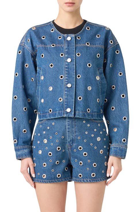 Grommet Collarless Crop Denim Jacket