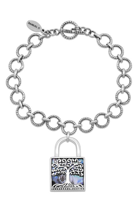 Sterling Silver Abalone Tree of Life Lock Toggle Bracelet