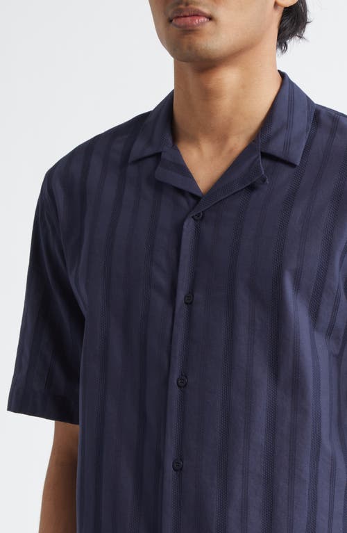 Sunspel Embroidered Stripe Short Sleeve Camp Shirt In Navy