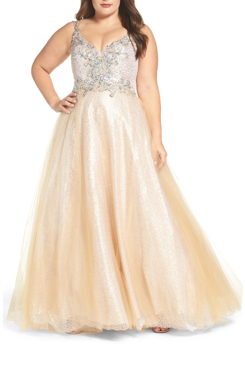 Beaded Tulle Ballgown, Main, color, NUDE SILVER
