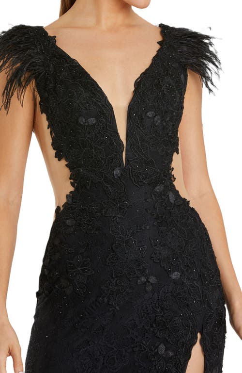 Mac Duggal Feather Cap Sleeve Lace Gown In Black