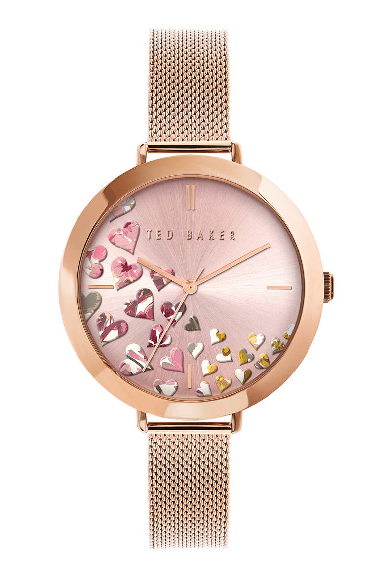 Ammy Hearts Mesh Strap Watch, 37.5mm, Main, color, ROSE GOLD