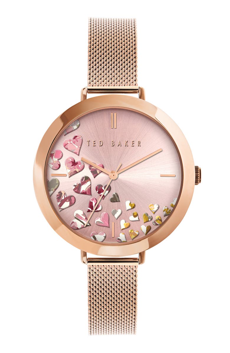 Ted Baker London Ammy Hearts Mesh Strap Watch, 37.5mm, Main, color, Rose Gold