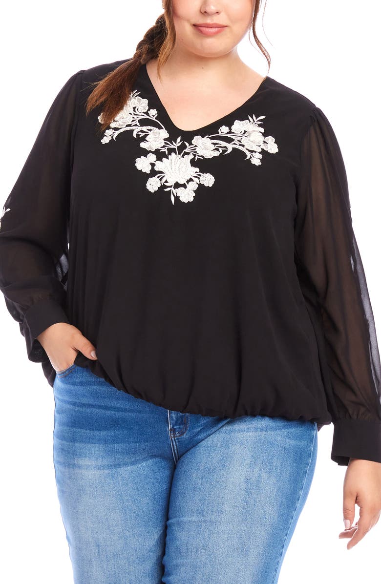Karen Kane Floral Embroidered Georgette Top, Main, color, Black/ Ivory