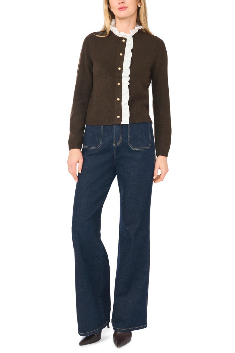 Ruffle Trim Cardigan, Alternate, color, CHOCOLATE