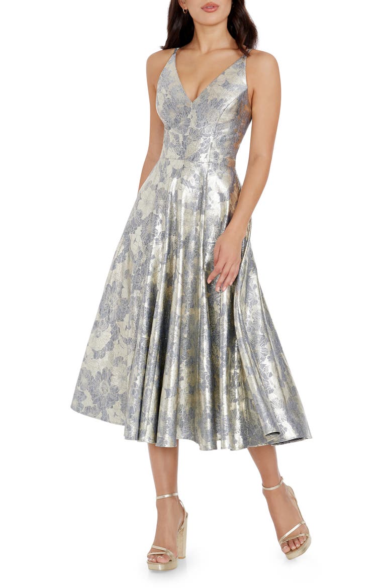 Delilah Metallic Floral Fit & Flare Midi Dress, Main, color, PEWTER MULTI
