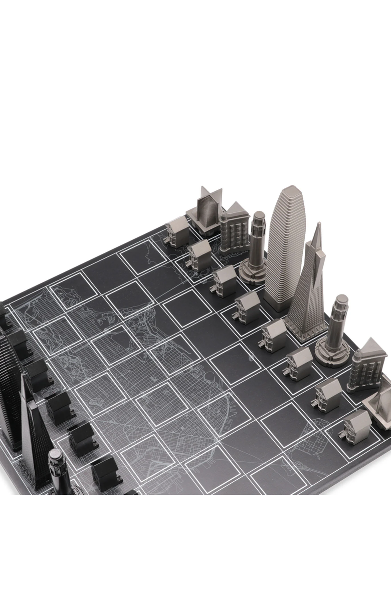 SKYLINE CHESS Chess Set Stainless Steel San Francisco with Wood Map Board, Alternate, color, Black