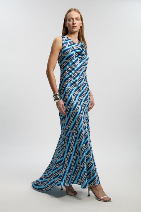 Chain Print Cowl Neck Maxi Dress