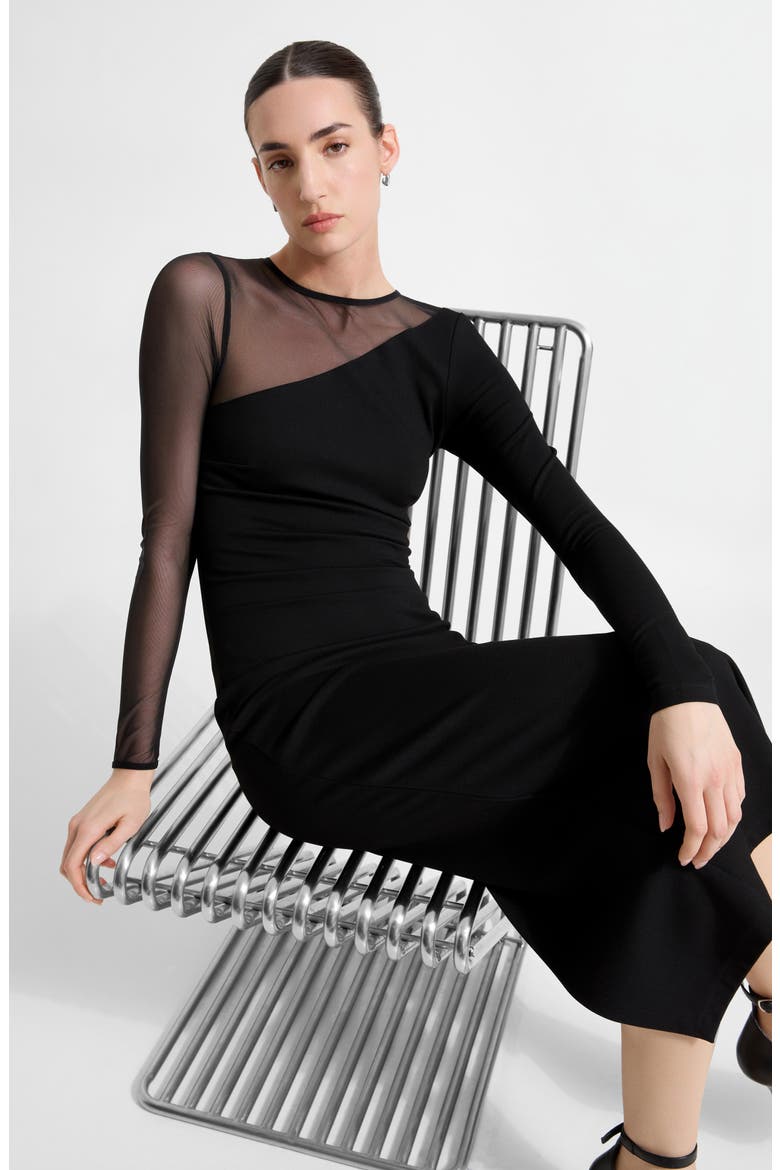 Milo Long Sleeve Mesh & Ponte Column Dress, Alternate, color, BLACK