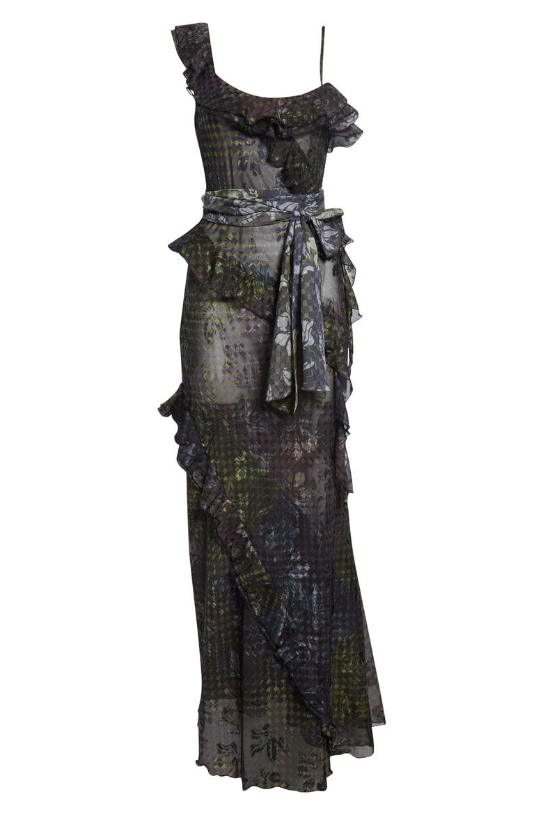Monica Tiered Ruffle Chiffon Maxi Dress with Detachable Scarf Tie, Alternate, color, BLACK MULTI