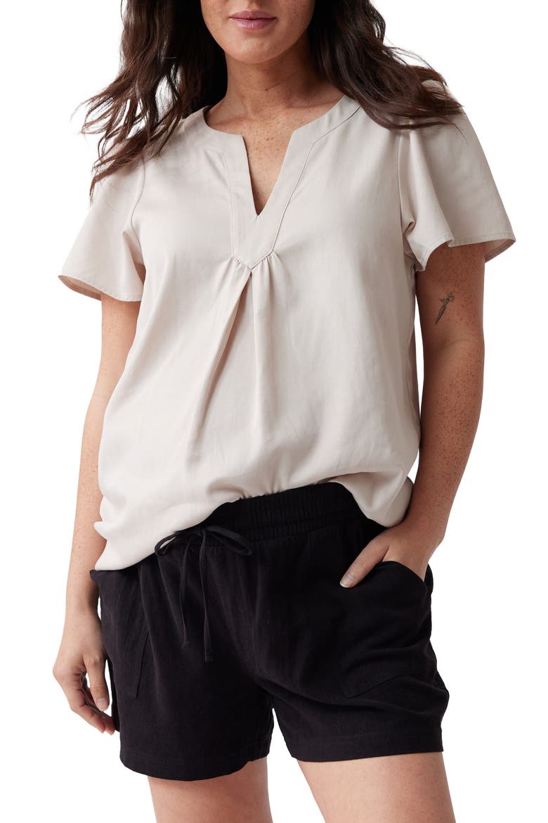 Flutter Sleeve Woven Maternity Top, Main, color, STONE