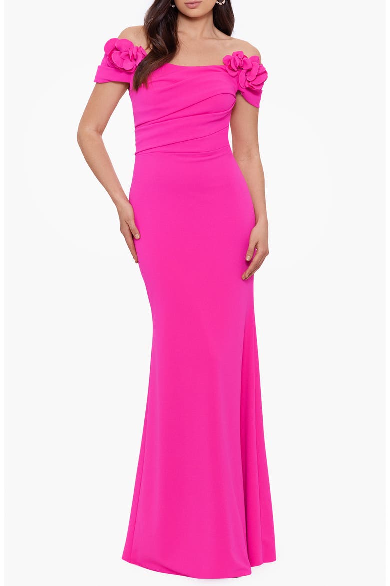 Rosette Off the Shoulder Scuba Gown, Main, color, PINK