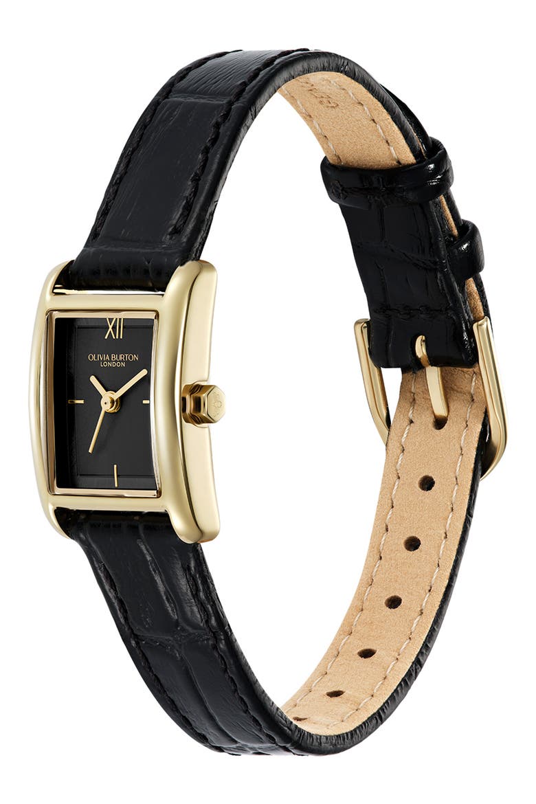 Mini Grove Rectangular Croc Embossed Leather Strap Watch, 16mm, Alternate, color, BLACK