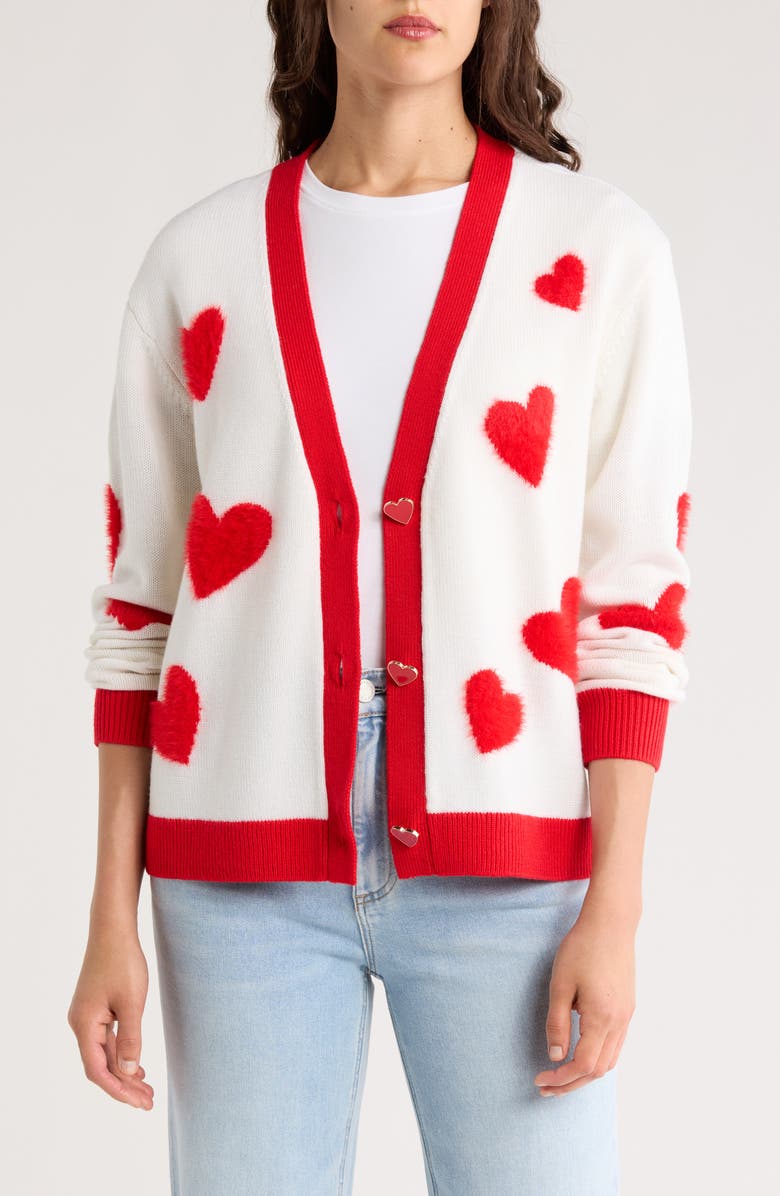 Alice + Olivia Bradley Intarsia Heart Wool Blend Cardigan, Main, color, Soft White/ Bright Ruby