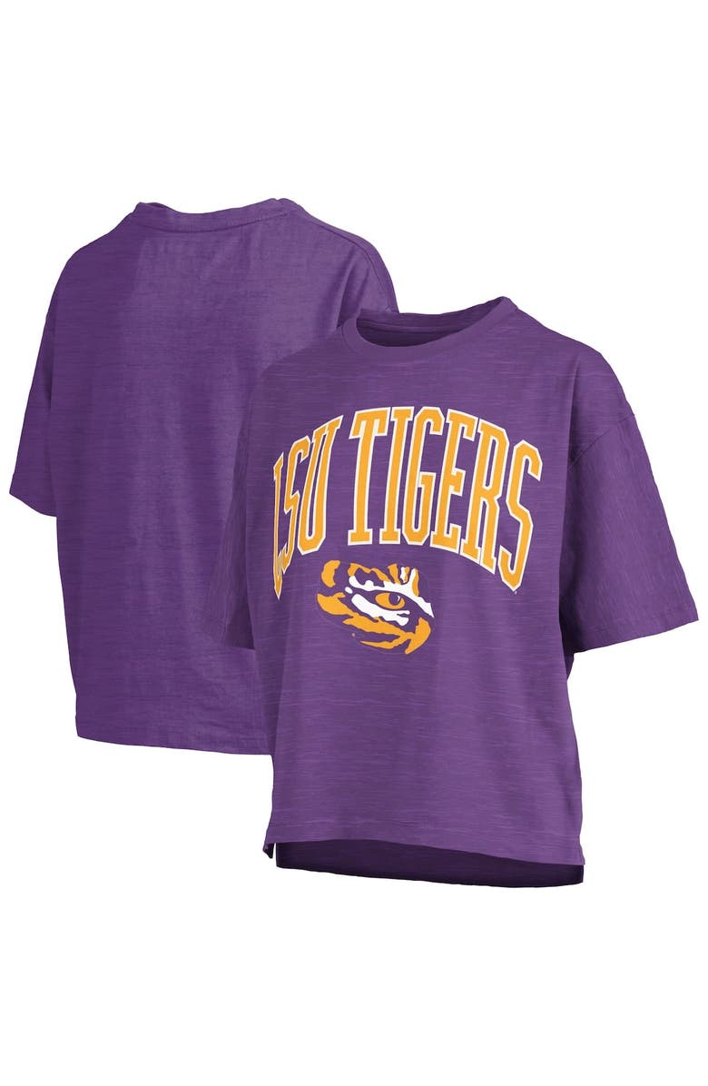 PRESSBOX Women
s Pressbox Purple LSU Tigers Nelson Arch Over Logo Waist Length Oversized Slub T-Shirt, Alternate, color, Purple