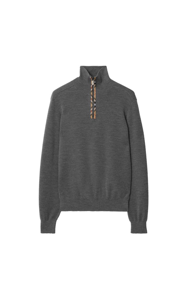 Burberry Check Trim Wool Half-zip Sweater, Alternate, color, Grey