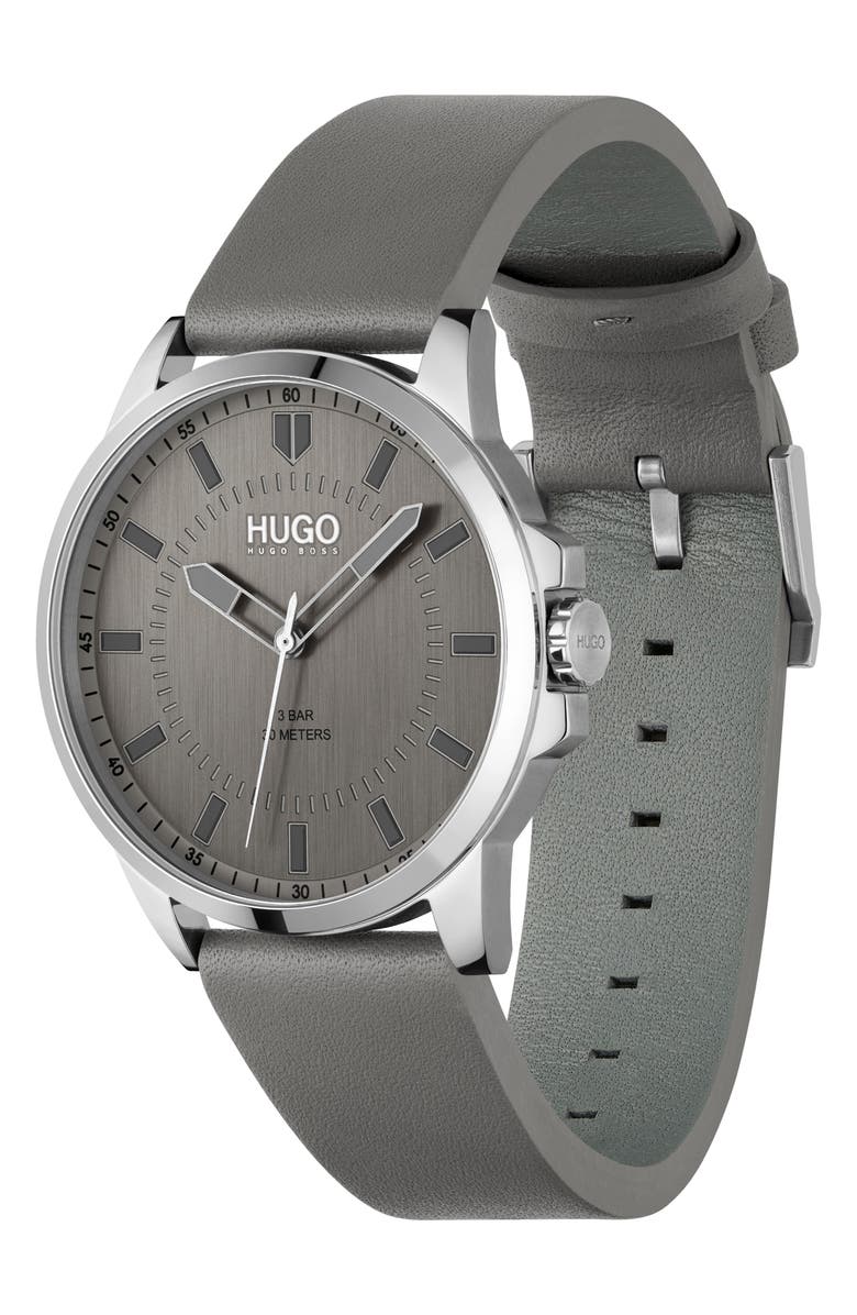 HUGO First Leather Strap Watch, 42mm, Alternate, color, 