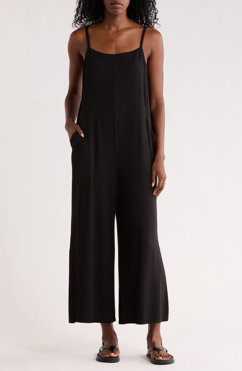 Eileen Fisher Square Neck Crop Wide Leg Jumpsuit, Main, color, Black