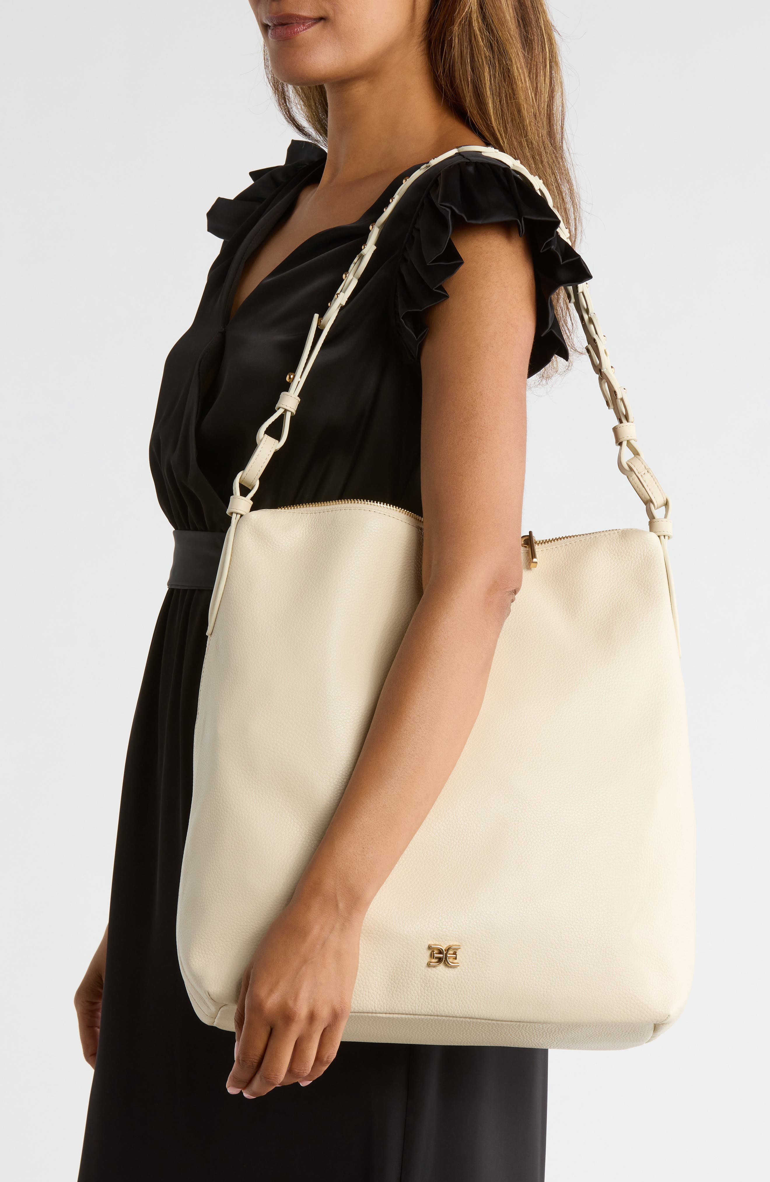 Bay Chain Link Pebbled Leather Hobo Bag, Alternate, color, CREAM