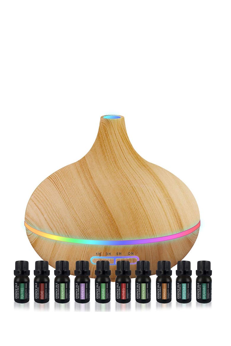 Ultrasonic Aromatherapy Diffuser & 10-Pack Pure 400ml Essential Oils, Main, color, NO COLOR