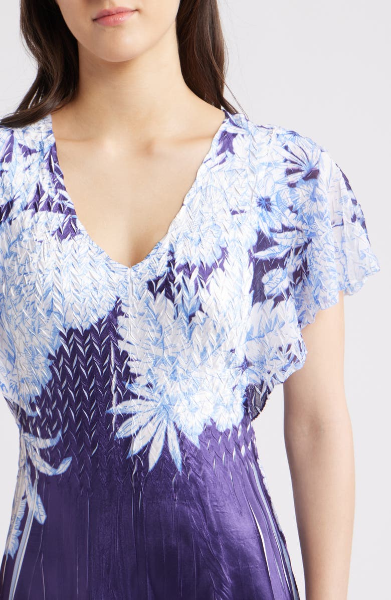 Komarov Flutter Sleeve Charmeuse & Chiffon Maxi Cocktail Dress, Alternate, color, Indigo Tropics