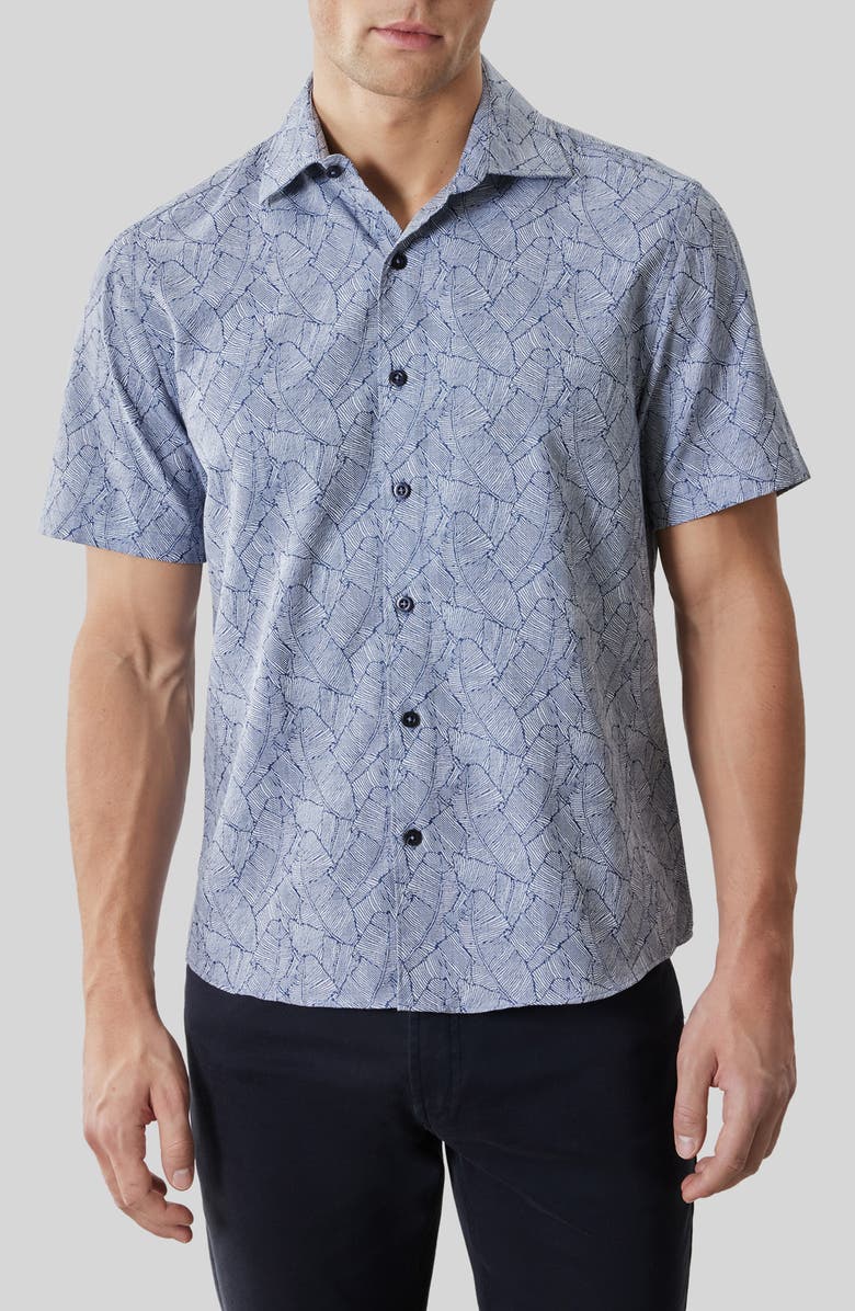 Robert Barakett Kazuki Leaf Print Short Sleeve Cotton Button-Up Shirt, Main, color,