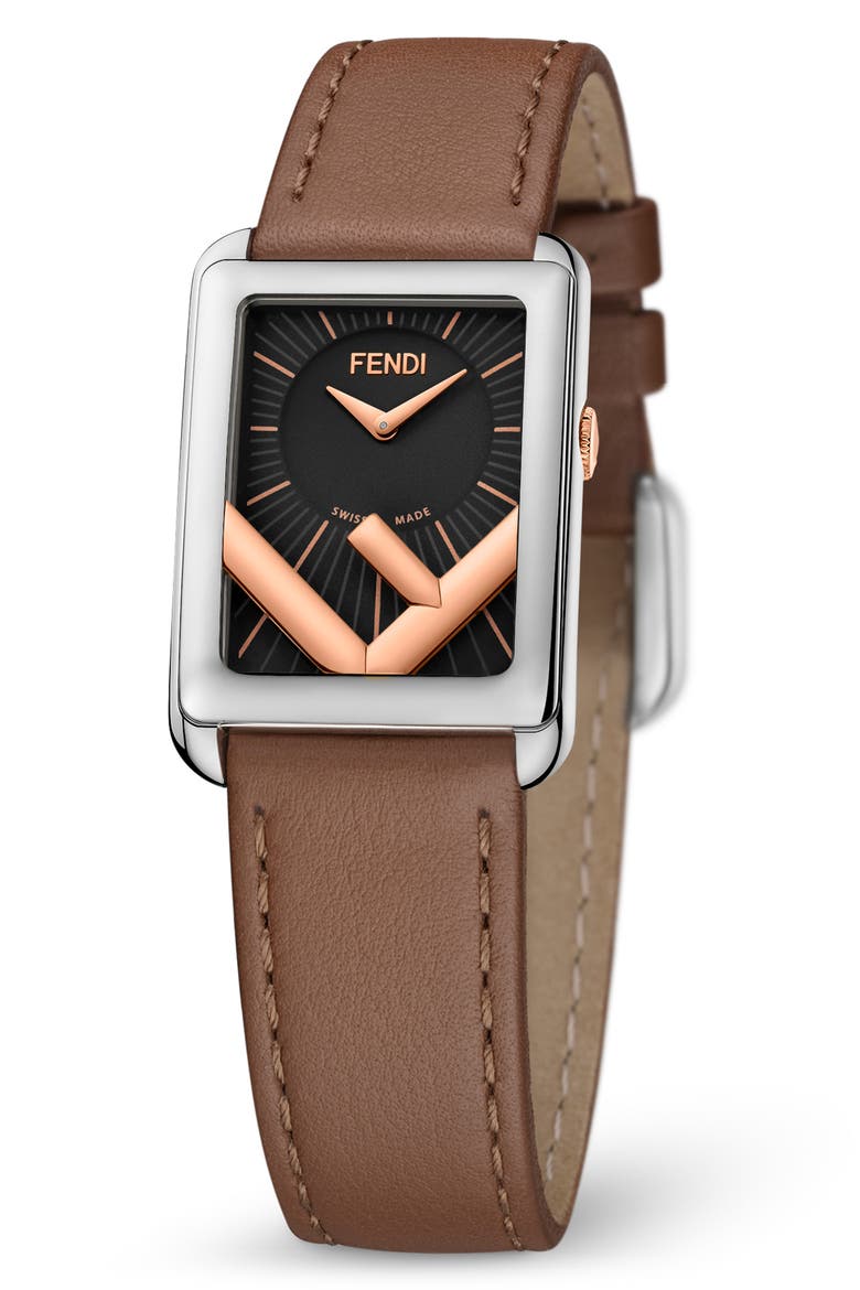 Run Away Rectangle Leather Strap Watch, 22.5mm x 32mm, Alternate, color, BROWN/ BLACK/ SILVER