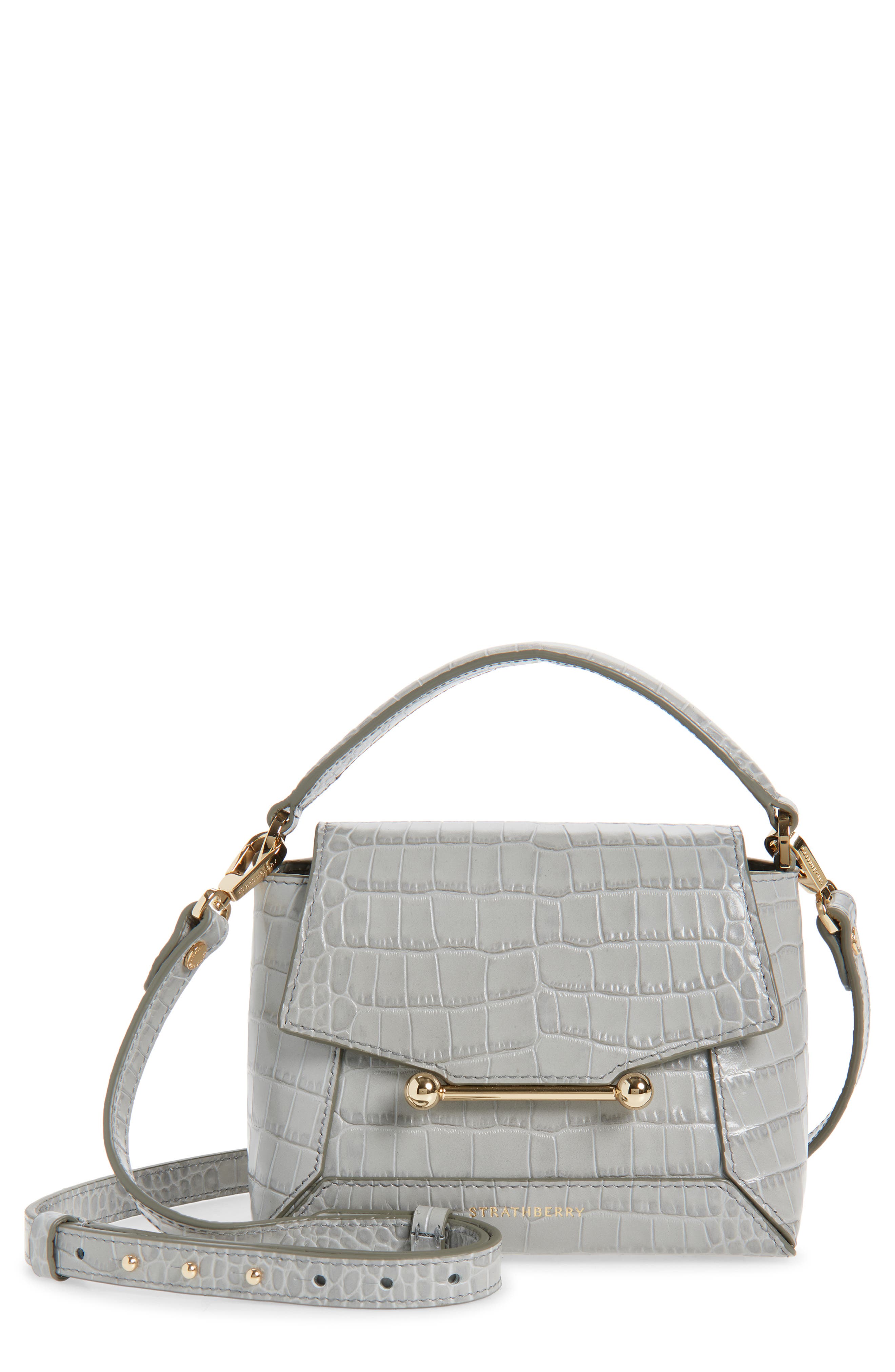 Strathberry Nano Mosaic Croc Embossed Top Handle Bag, Main, color, Stone Grey