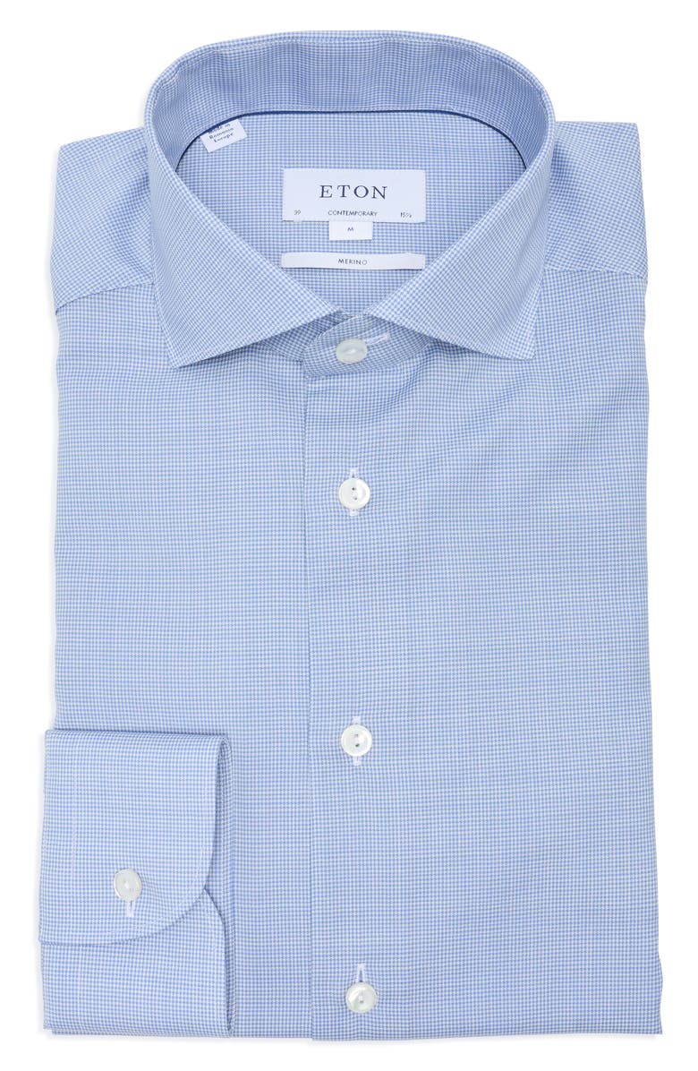 Eton Contemporary Fit Houndstooth Merino Wool Dress Shirt, Alternate, color, Lt/ Pastel Blue