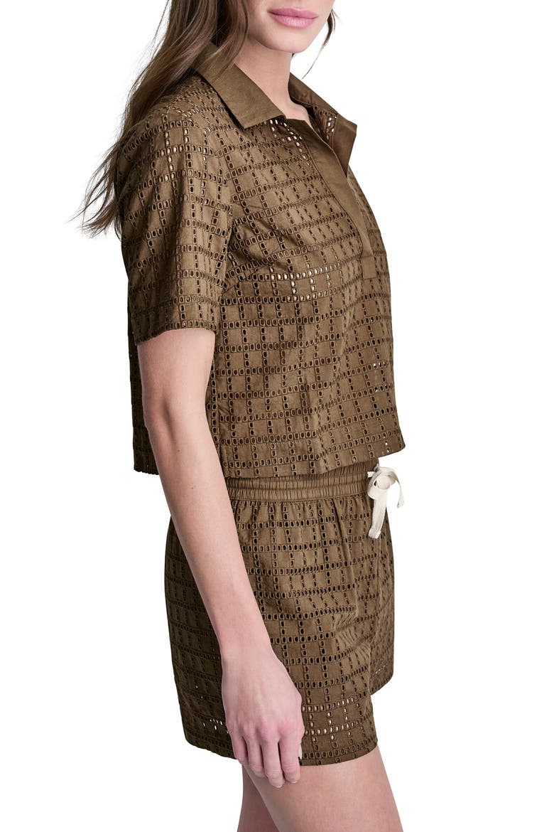 Short Sleeve Eyelet Johnny Collar Top, Alternate, color, MOCHA