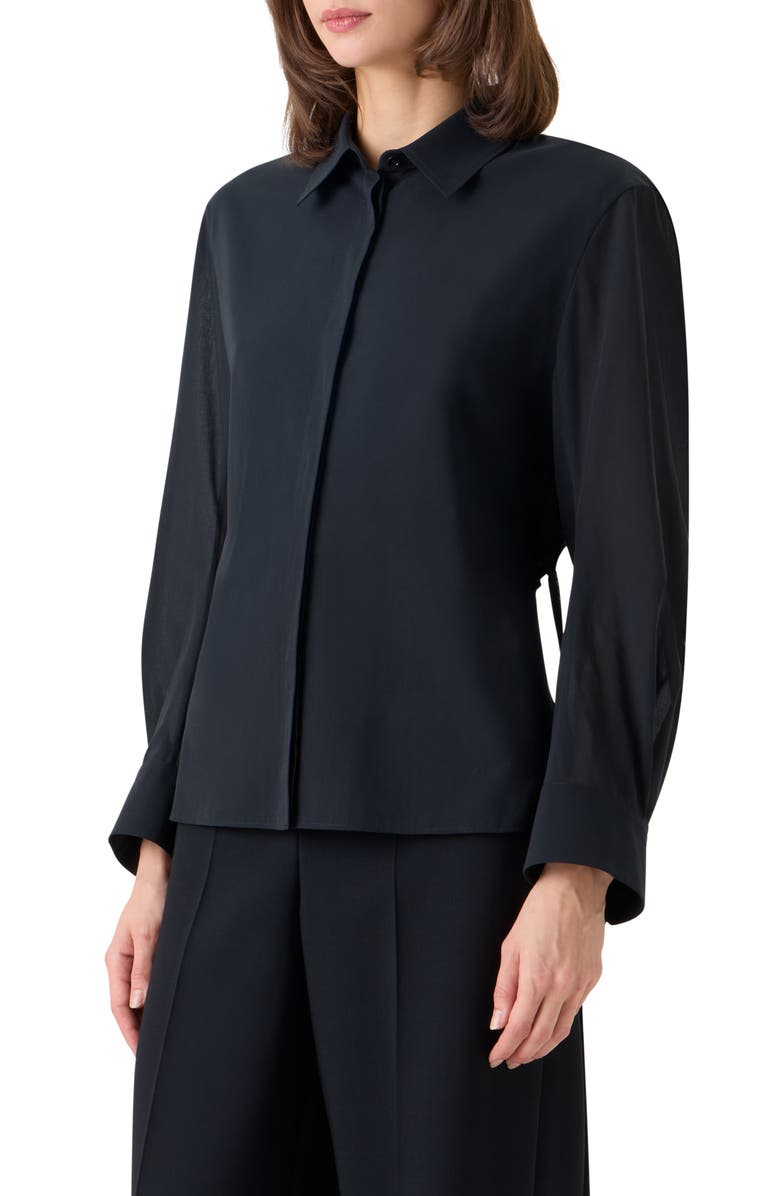 Akris Drawstring Cotton Voile Button-Up Shirt, Alternate, color, Black