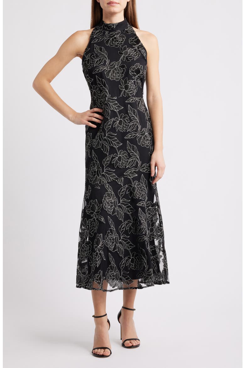 Embroidered Fit & Flare Cocktail Dress, Main, color, BLACK