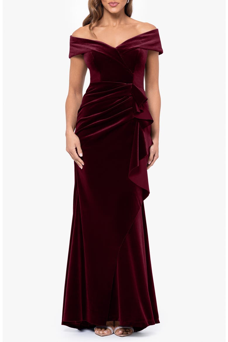 xscape off the shoulder velvet dress Ruffle Off the Shoulder Stretch Velvet Gown (Women)
