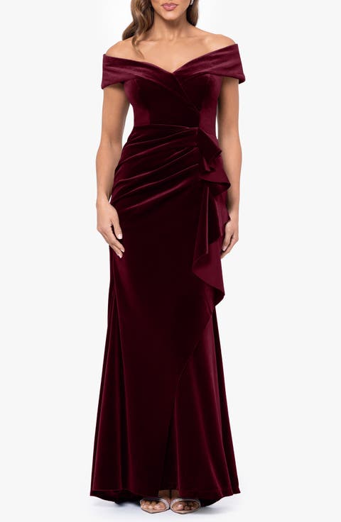 Ruffle Off the Shoulder Stretch Velvet Gown