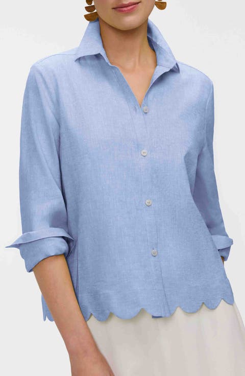 Scallop Hem Linen Blend Button-Up Shirt (Petite)