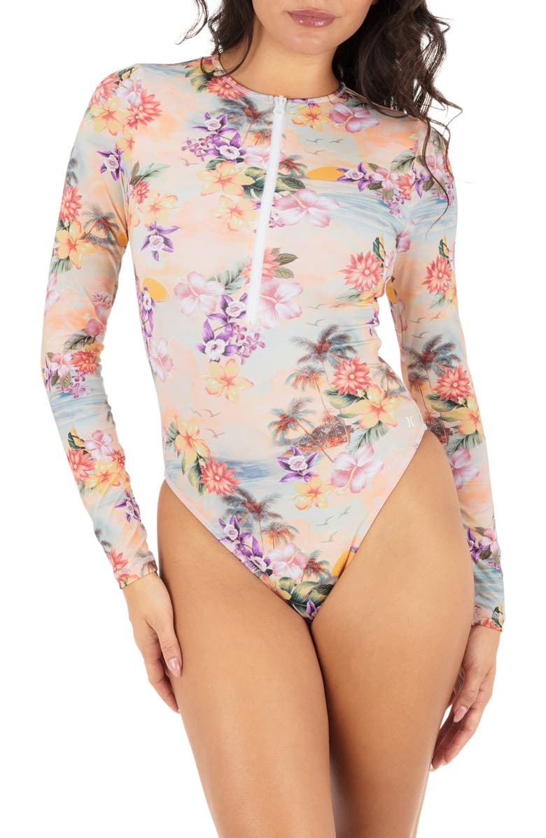Hurley Scenic Sunset Long Sleeve Zip One-Piece Swimsuit, Main, color, Shell Pink Multi