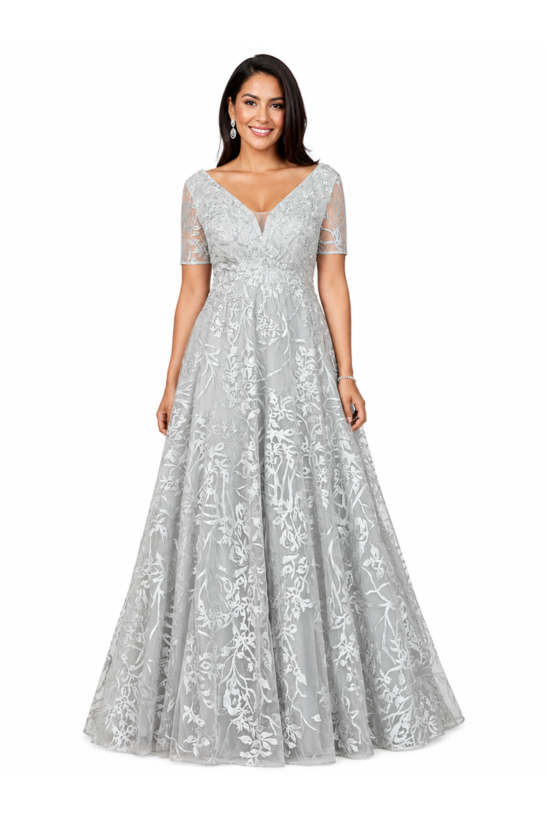 Short Sleeve Lace A-Line Dress with V-Neckline, Main, color, Dusty Blue/Green