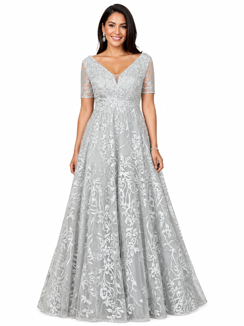 Short Sleeve Lace A-Line Dress with V-Neckline