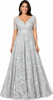 LARA New York Short Sleeve Lace A-Line Dress with V-Neckline
