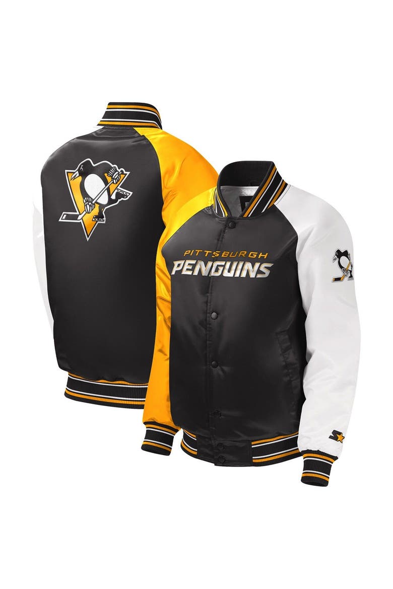 Youth Starter Black Pittsburgh Penguins Raglan Full-Snap Varsity Jacket, Main, color, Black