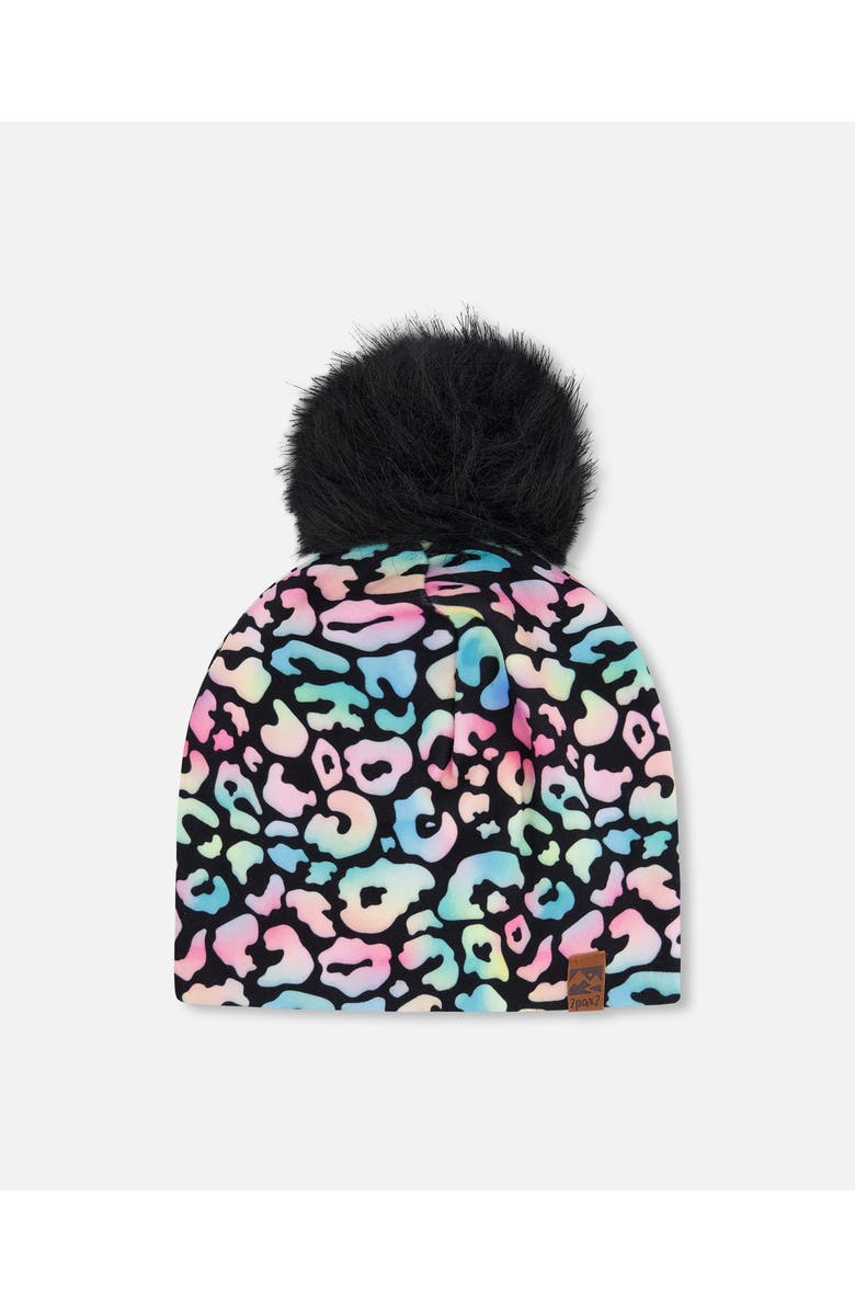 Deux par Deux Stretch Jersey Hat Animal Print with Pompom, Main, color, Black Animal Print
