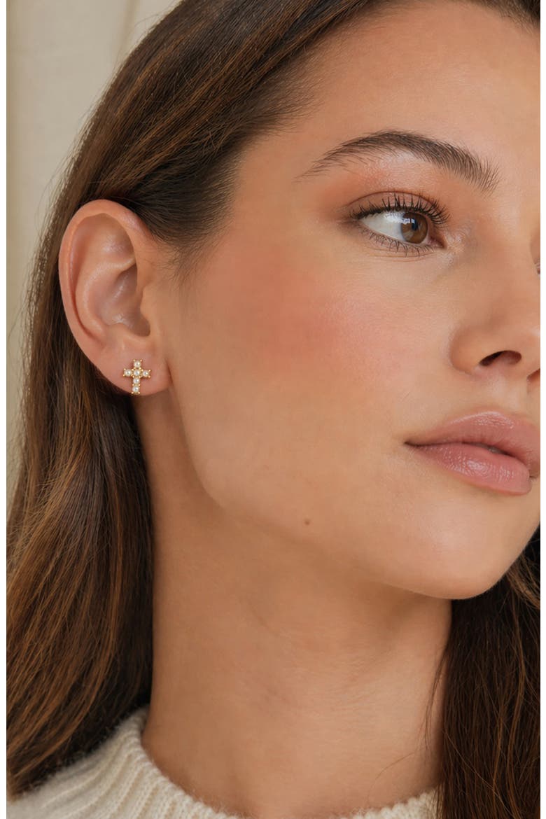 Freshwater Pearl Cross Stud Earrings, Alternate, color, WHITE/ GOLD PLATED