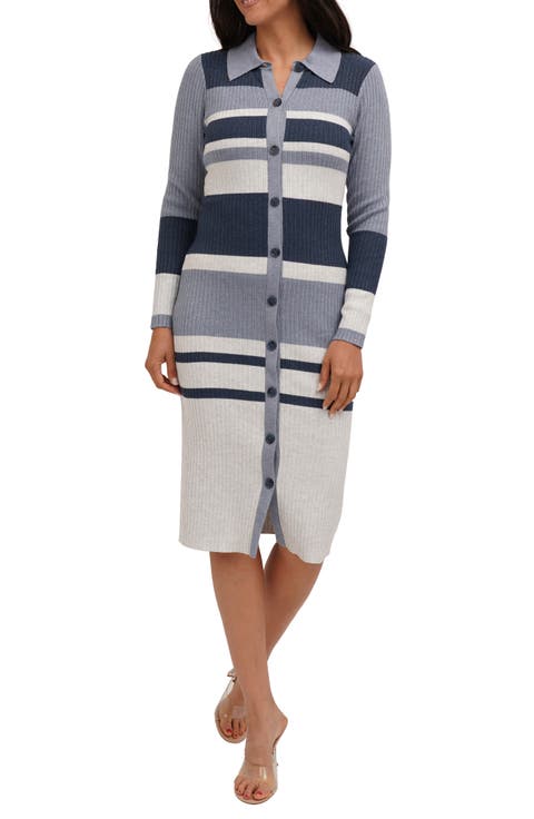 Stripe Long Sleeve Button Front Ribbed Midi Dress