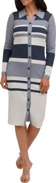 CYRUS Stripe Long Sleeve Button Front Ribbed Midi Dress