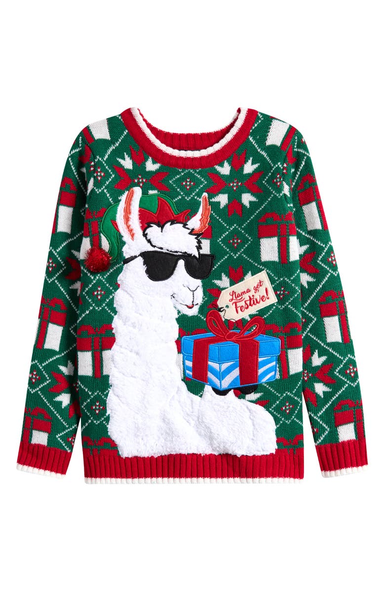 33 DEGREES Kids' Embroidered Llama Holiday Sweater, Main, color, Red Combo Holiday