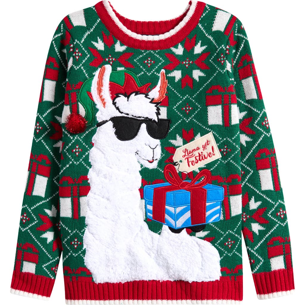 33 Degrees Kids' Embroidered Llama Holiday Sweater In Green