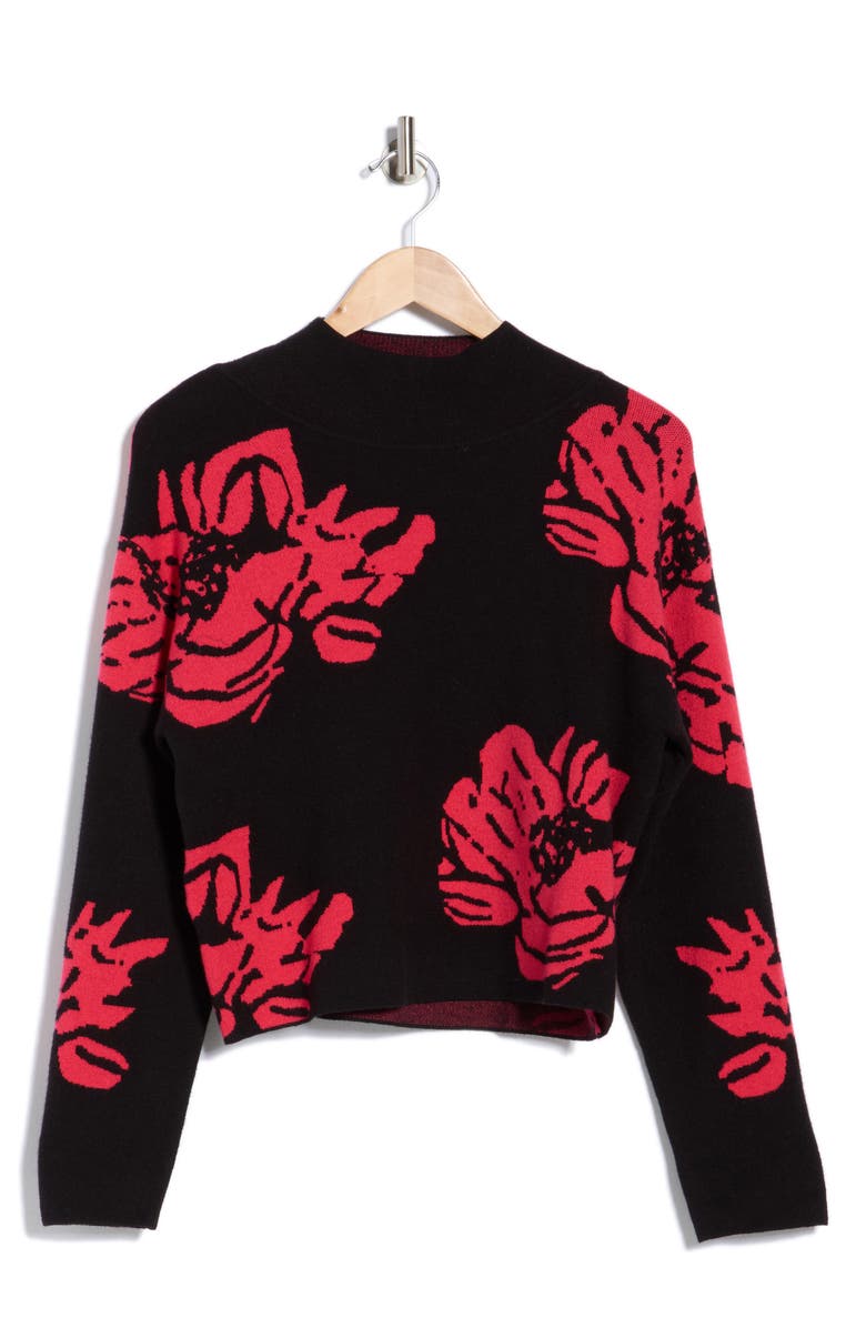 T Tahari Mock Neck Jacquard Sweater, Alternate, color, Black/ Striking Pink Floral