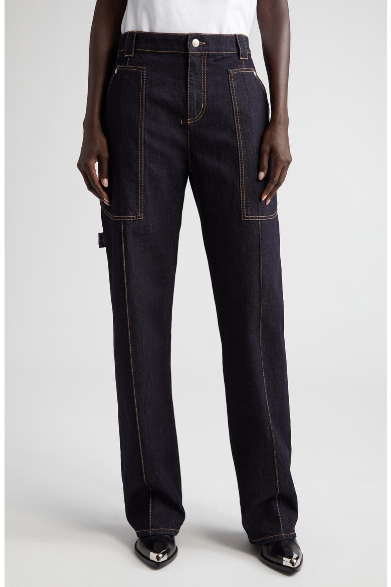 Topstitch Detail High Waist Straight Leg Jeans, Main, color, DENIM