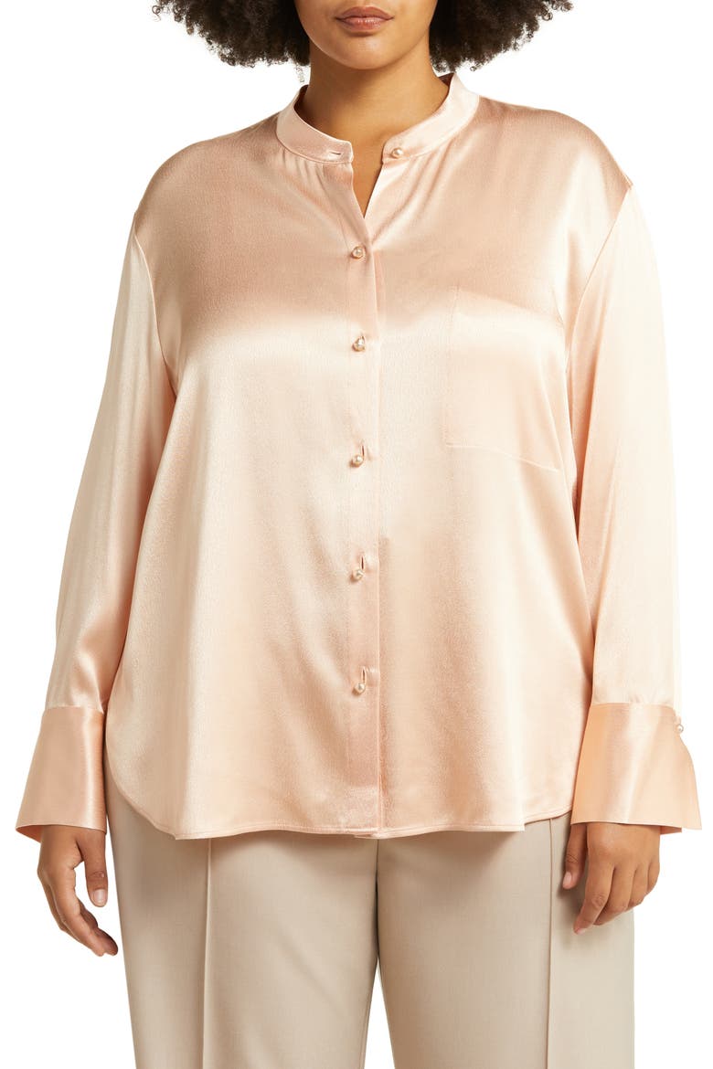 Relaxed Band Collar Button-Up Shirt, Main, color, PEACH OPAL
